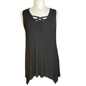 Black Tank Top Shark Bite Hem Medium Lace Up V Neck Slinky Tunic Goth Whimsigoth